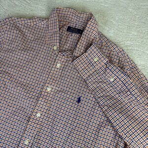 Mens Polo Ralph Lauren XL Long Sleeve Orange/Blue Plaid Long Sleeve Button Shirt